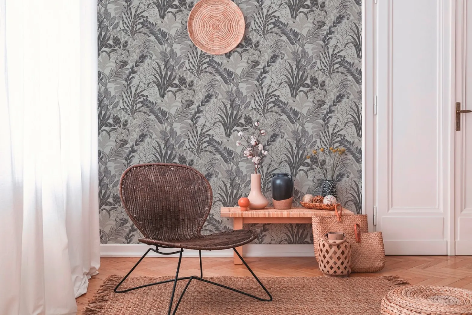 Vliestapete Floral Blätter grau weiß 37860-4