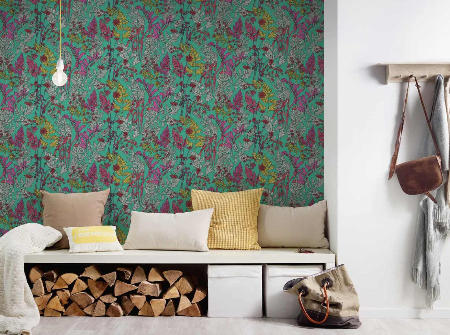 Vliestapete Floral Blätter grün pink rot 37751-6