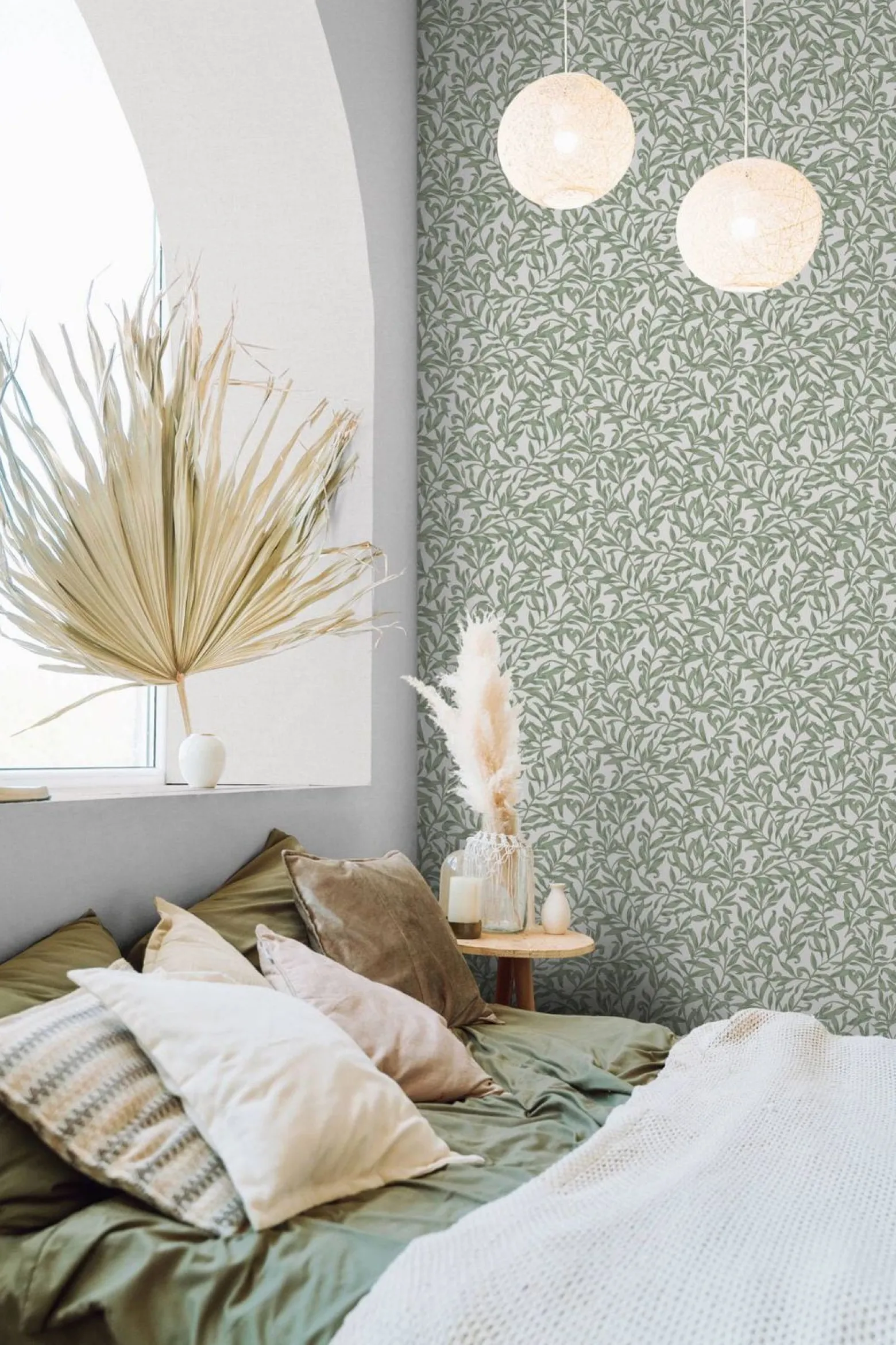 Vliestapete Floral Blätter Motiv Grau Grün 47640