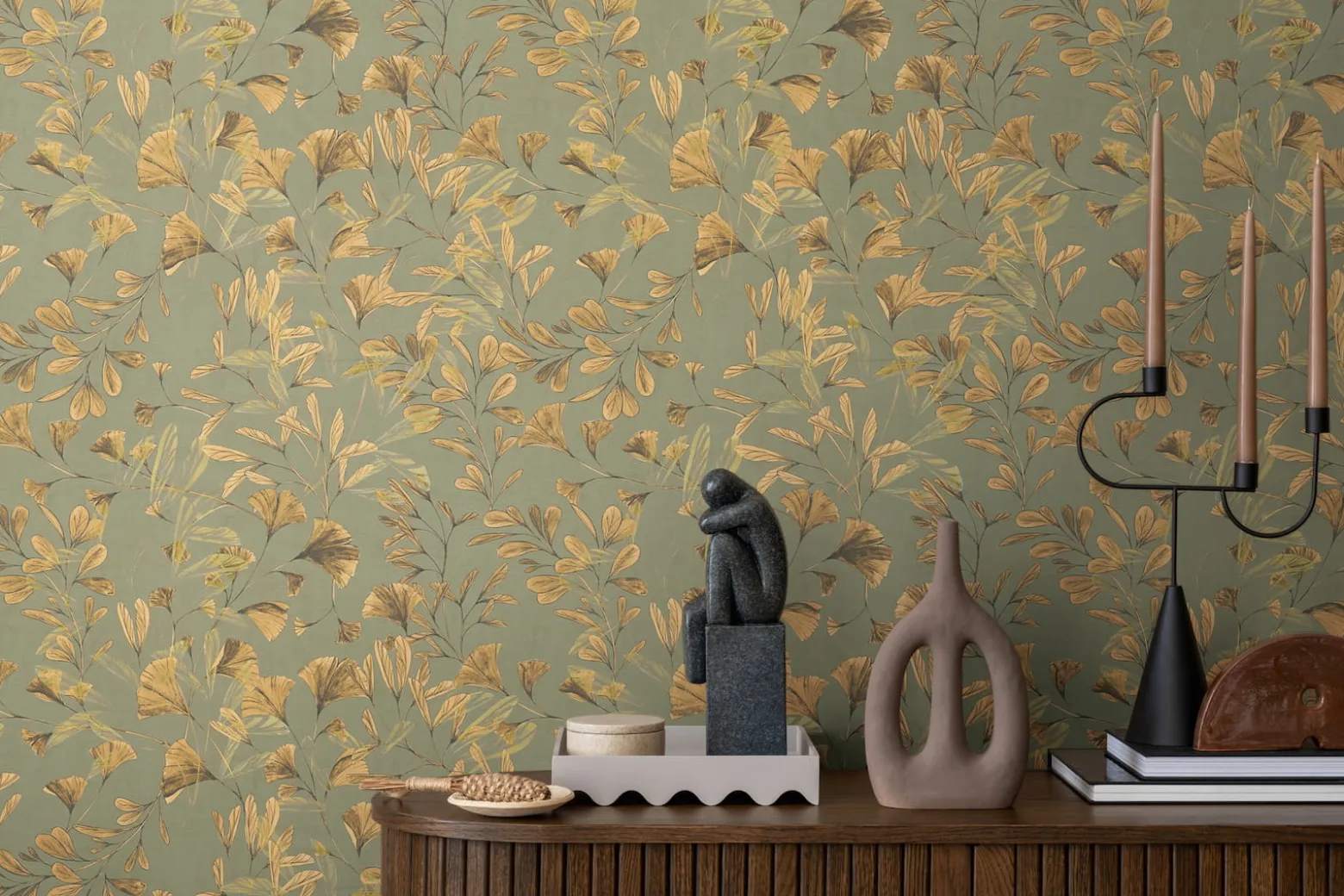 Vliestapete Floral Blätter Ranken Grün Beige 78223-1
