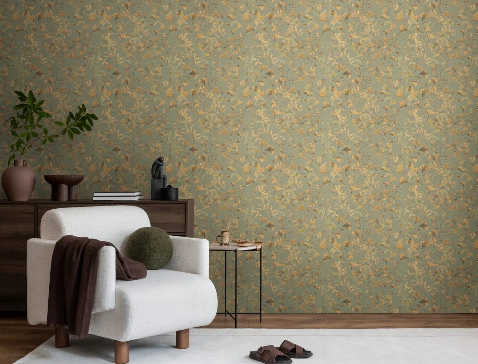 Vliestapete Floral Blätter Ranken Grün Beige 78223-1