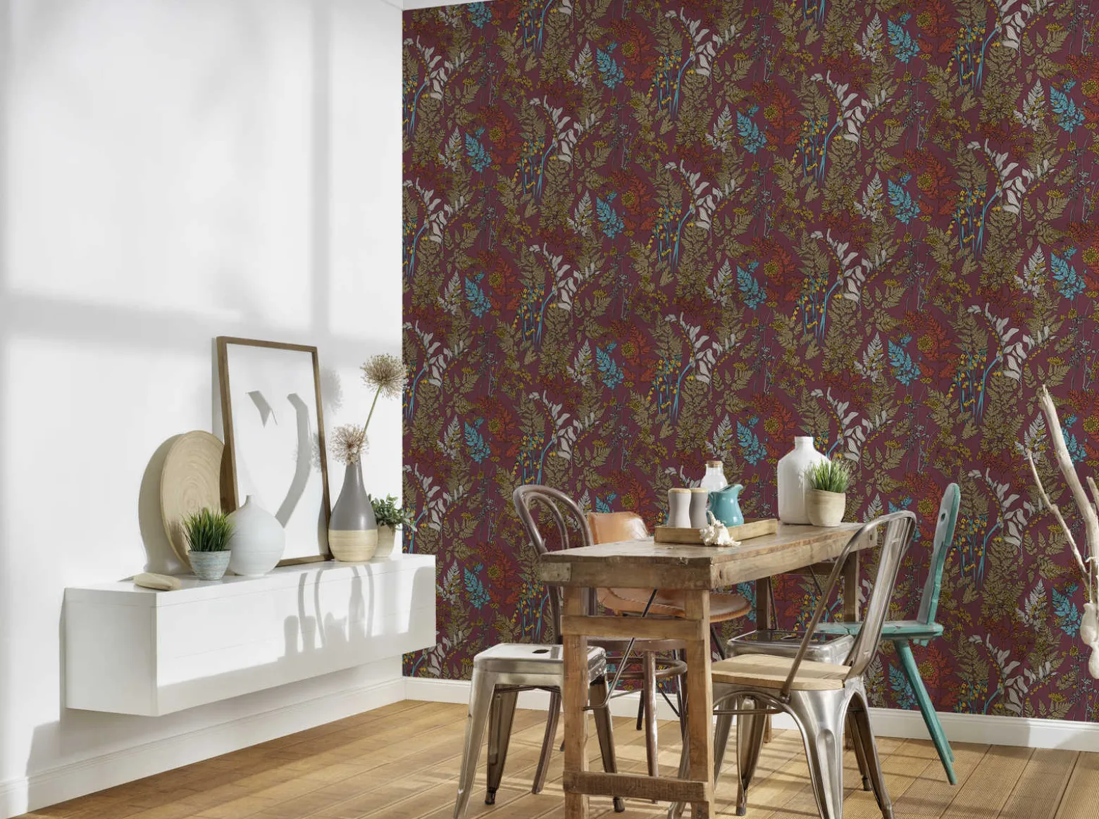 Vliestapete Floral Blätter rot gelb blau 37751-4