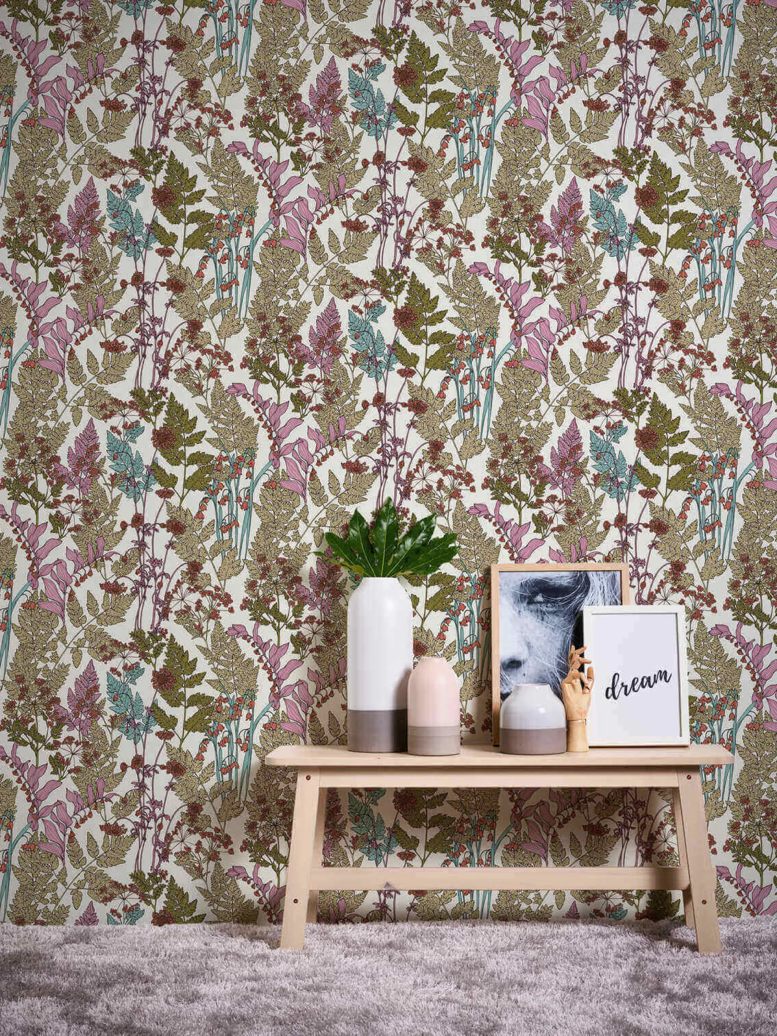 Vliestapete Floral Blätter weiß rosa grün 37751-3