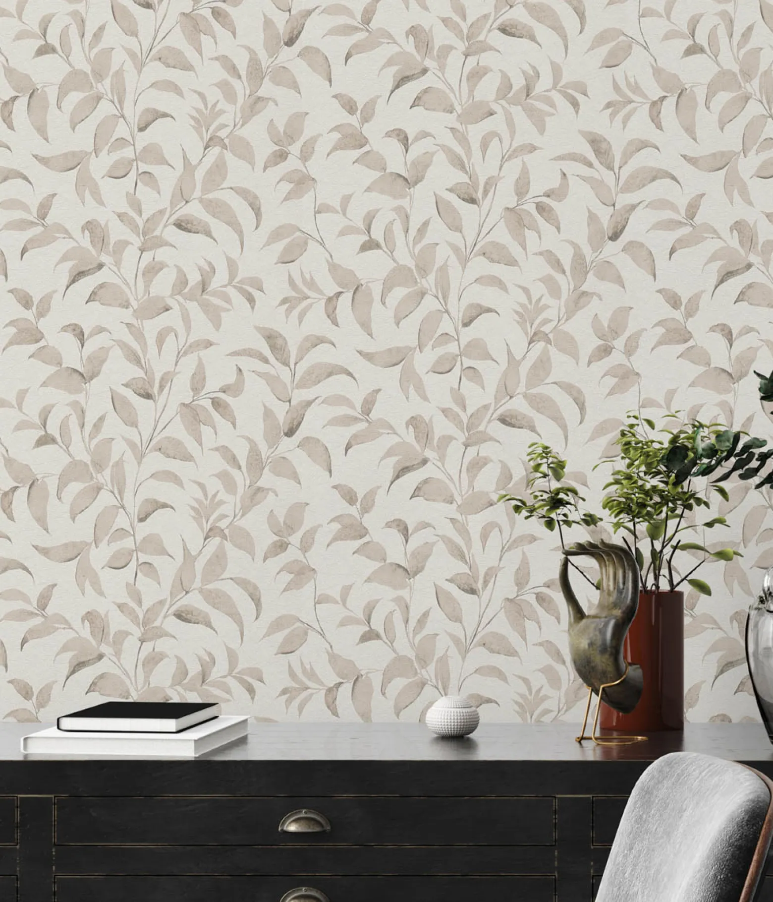 Vliestapete Floral Blätter Zweige Weiß Beige 38962-2
