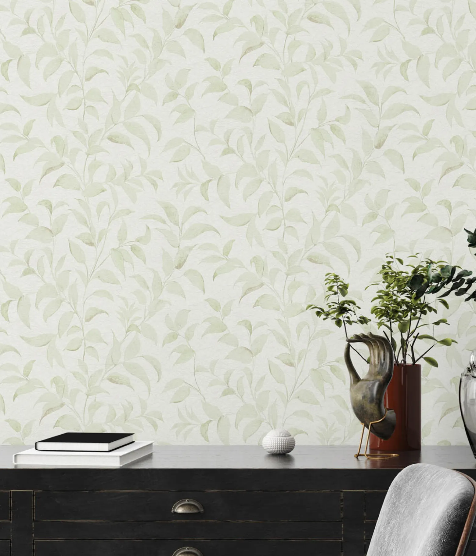 Vliestapete Floral Blätter Zweige Weiß Grün 38962-4