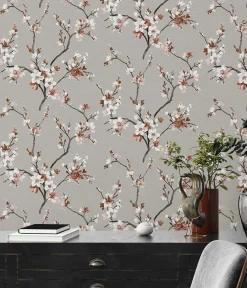 Vliestapete Floral Blumen Ast grau braun 38520-4