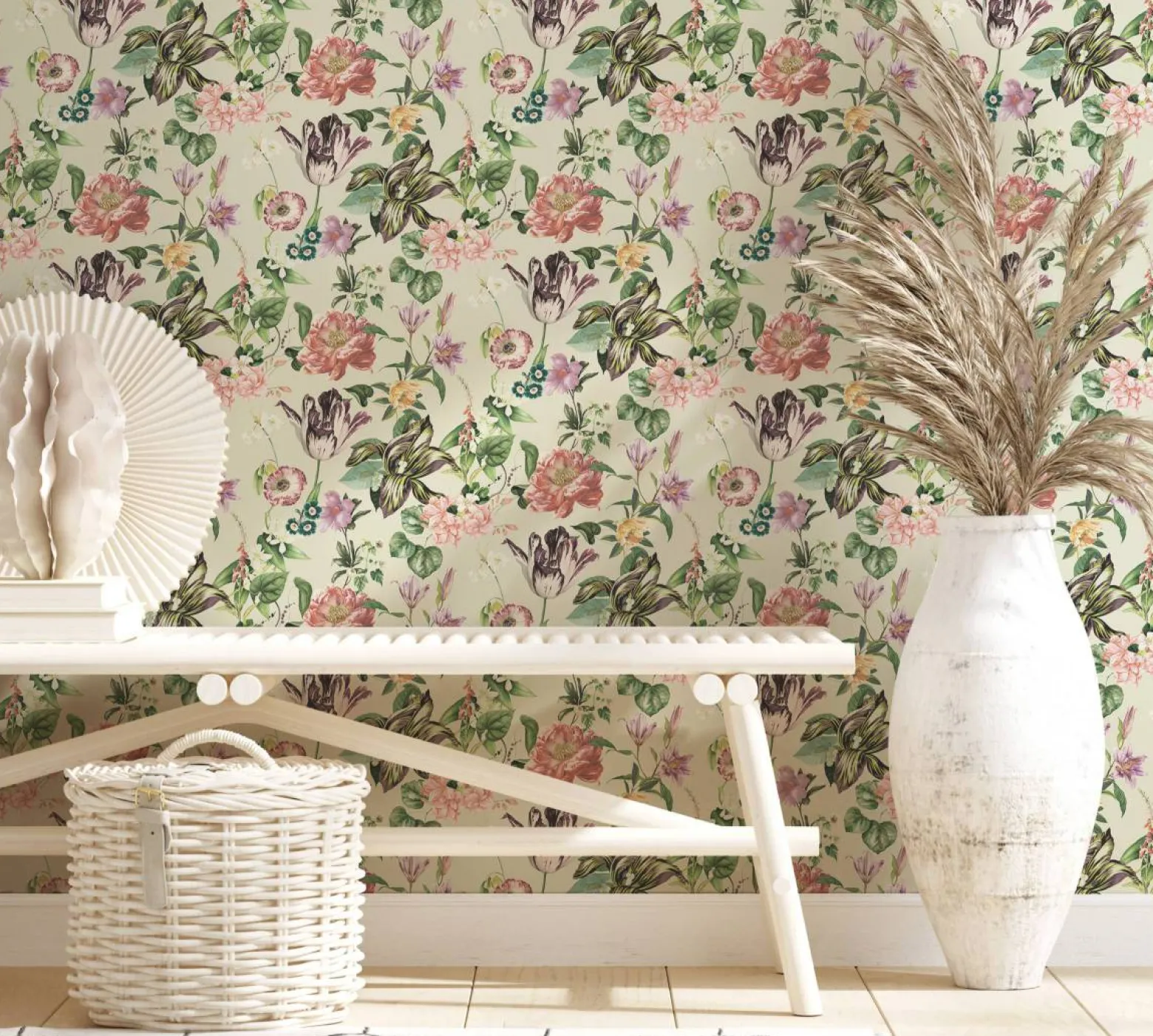 Vliestapete Floral Blumen Blätter Beige Grün Rosa 47461