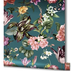 Vliestapete Floral Blumen Blätter Petrol Grün Rosa 47462
