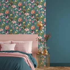 Vliestapete Floral Blumen Blätter Petrol Grün Rosa 47462