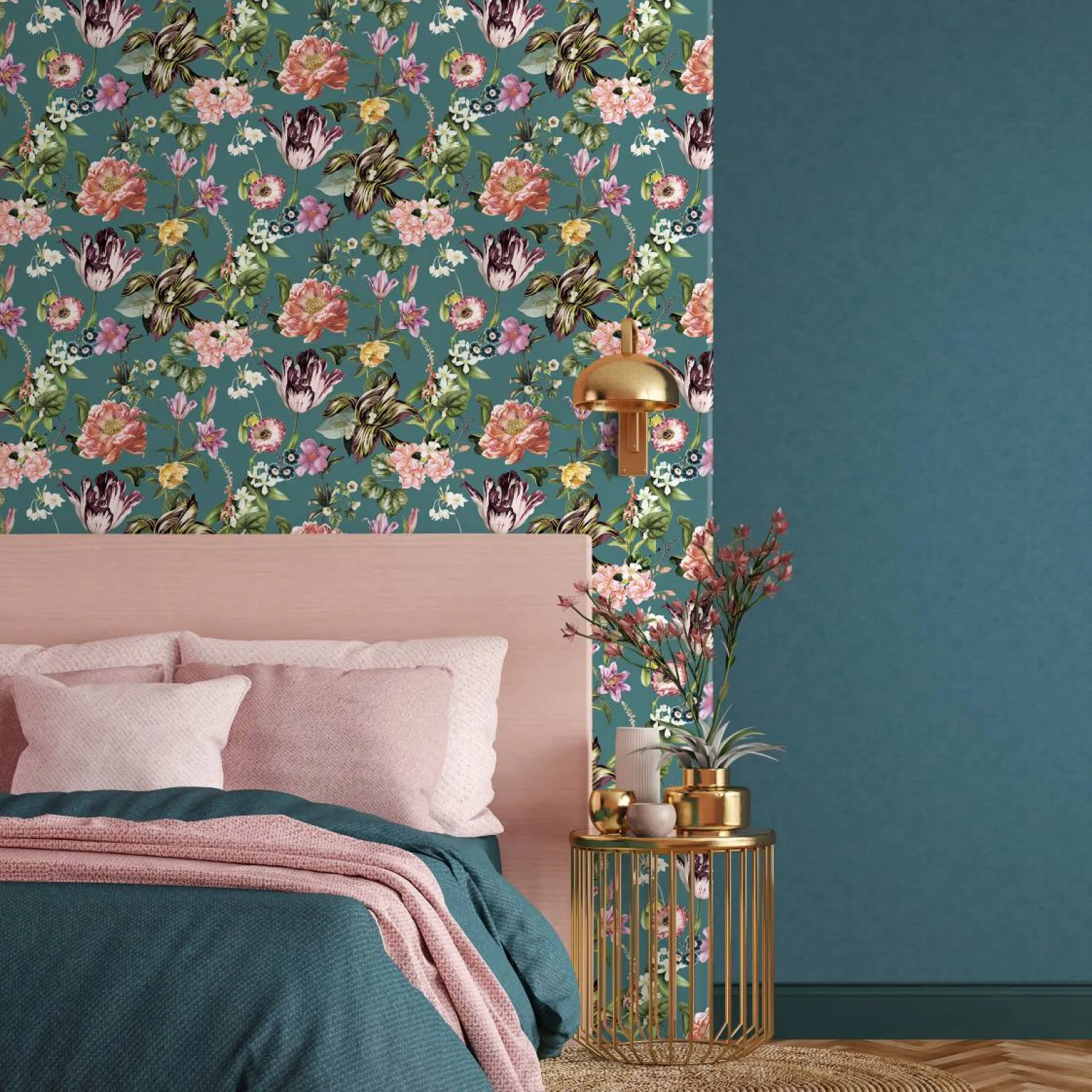 Vliestapete Floral Blumen Blätter Petrol Grün Rosa 47462