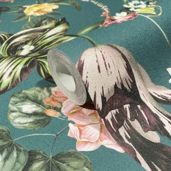 Vliestapete Floral Blumen Blätter Petrol Grün Rosa 47462