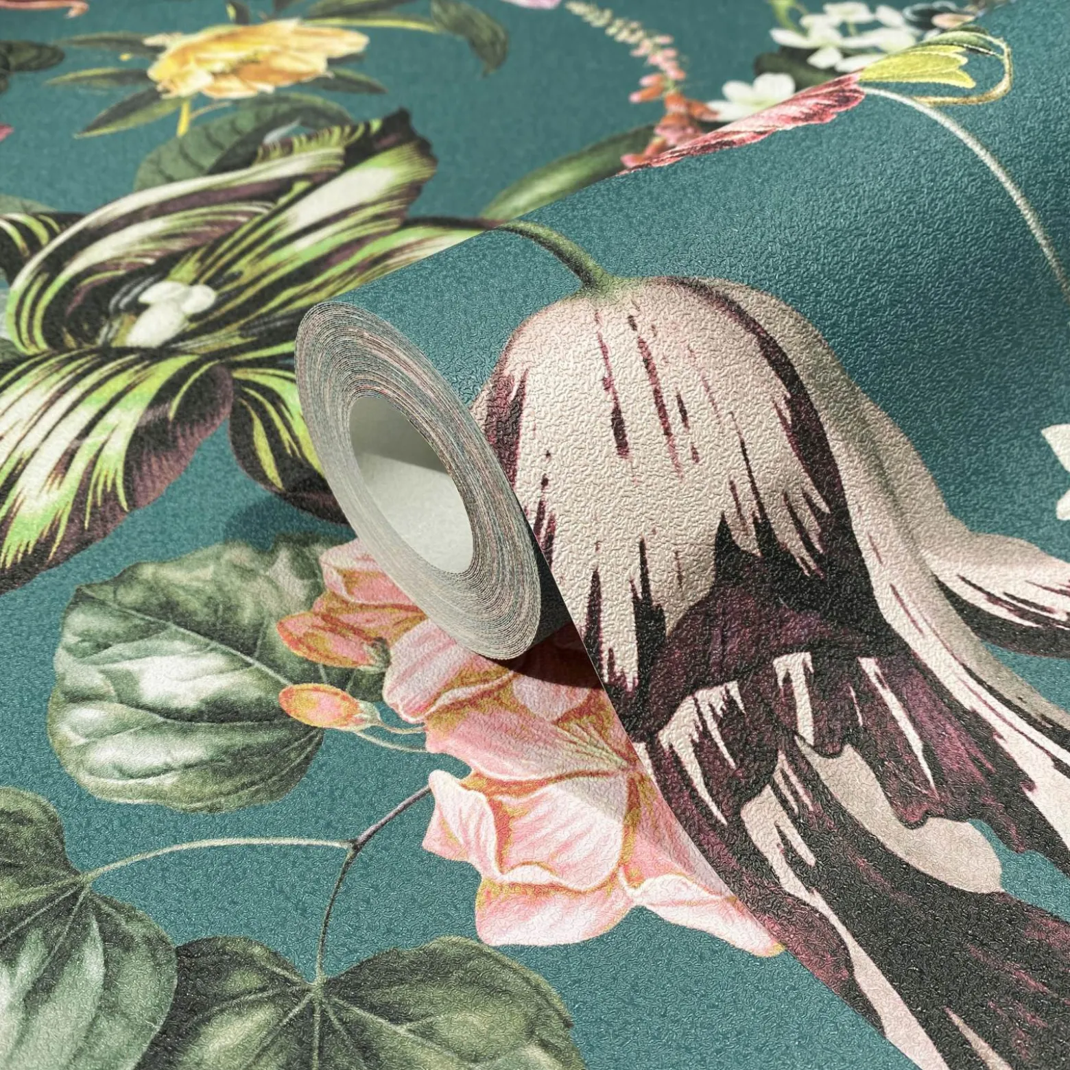 Vliestapete Floral Blumen Blätter Petrol Grün Rosa 47462