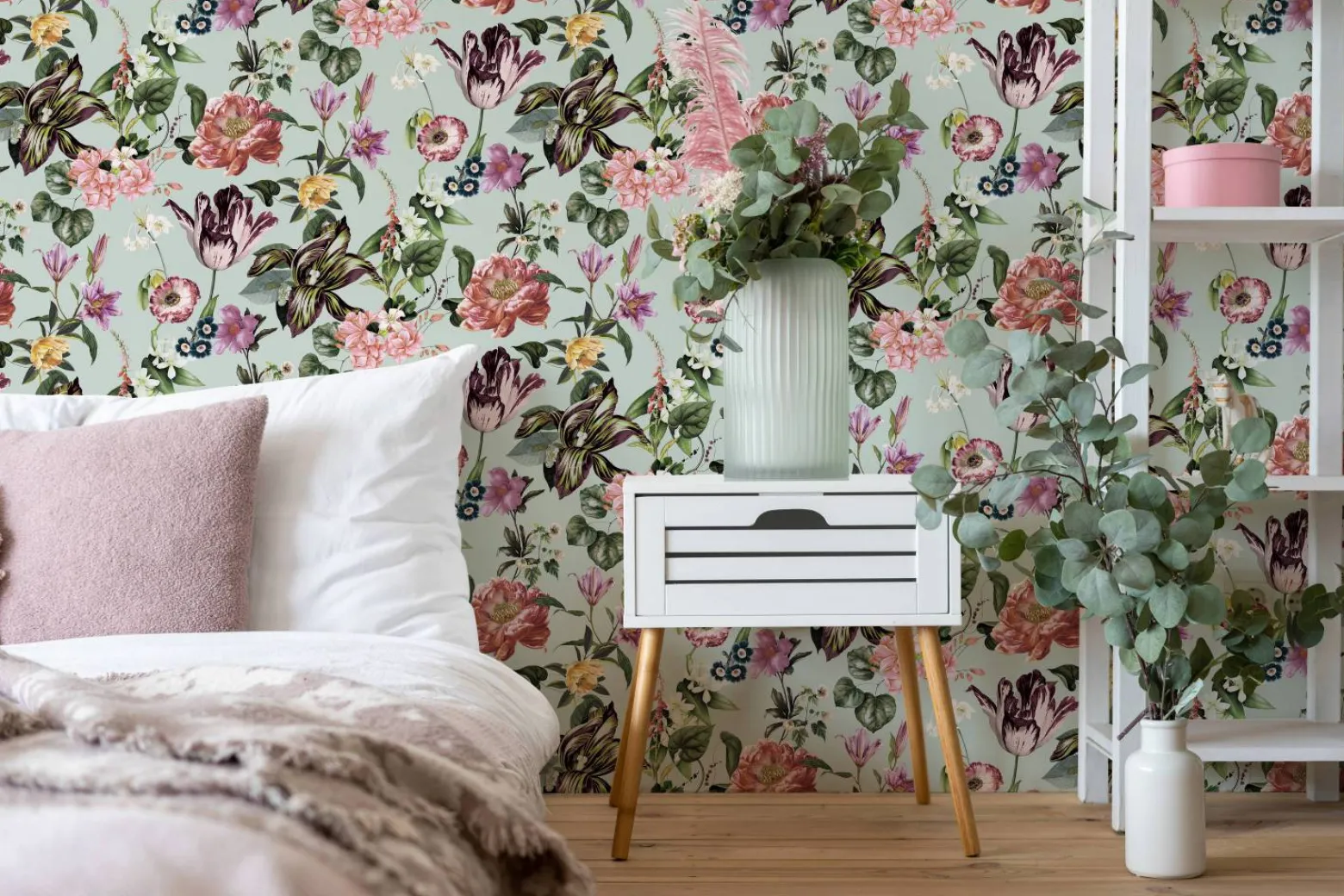 Vliestapete Floral Blumen Blätter Grün Rosa Gelb 47459