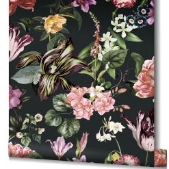 Vliestapete Floral Blumen Blätter Schwarz Rosa Grün 47460