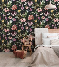 Vliestapete Floral Blumen Blätter Schwarz Rosa Grün 47460