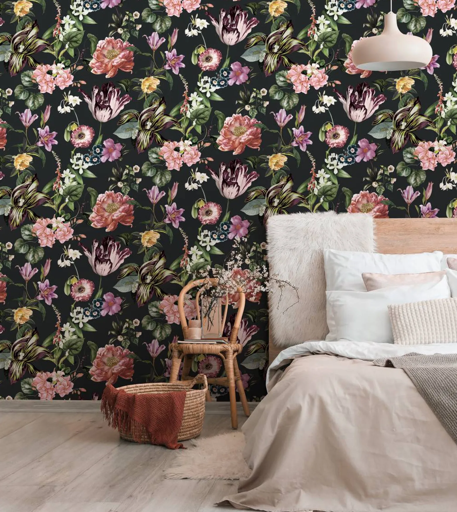 Vliestapete Floral Blumen Blätter Schwarz Rosa Grün 47460