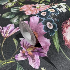 Vliestapete Floral Blumen Blätter Schwarz Rosa Grün 47460