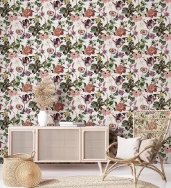 Vliestapete Floral Blumen Blätter Weiß Rosa Grün 47458