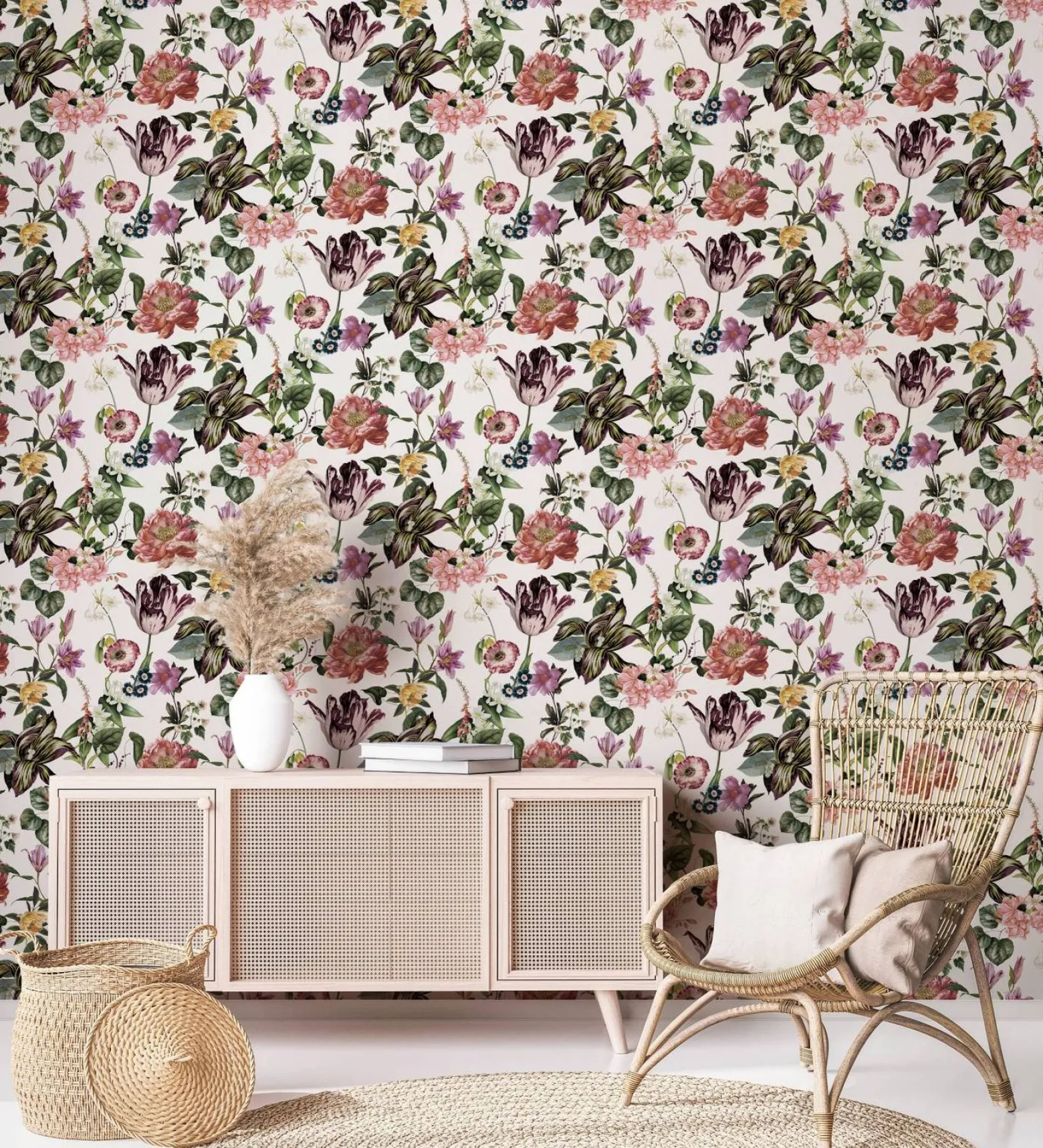 Vliestapete Floral Blumen Blätter Weiß Rosa Grün 47458