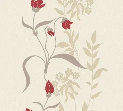 Vliestapete Floral Blumen Creme Rot Grau Glanz 95874-1