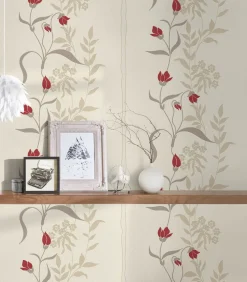 Vliestapete Floral Blumen Creme Rot Grau Glanz 95874-1