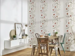 Vliestapete Floral Blumen Creme Rot Grau Glanz 95874-1