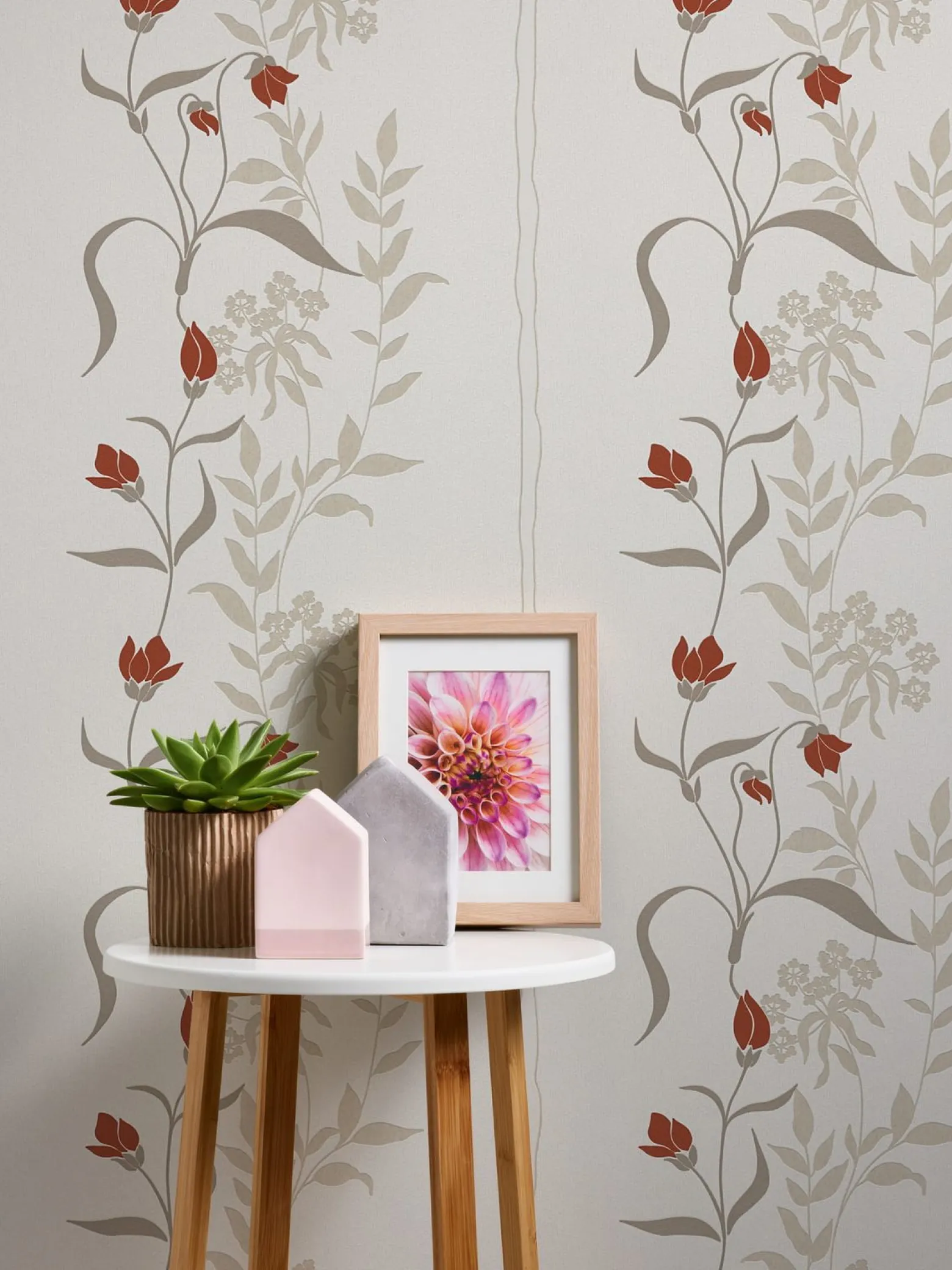 Vliestapete Floral Blumen Creme Rot Grau Glanz 95874-1