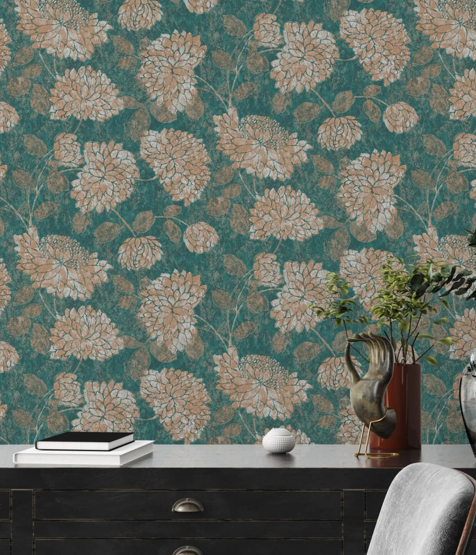 Vliestapete Floral Blumen Petrol Bronze Metallic 39025-4