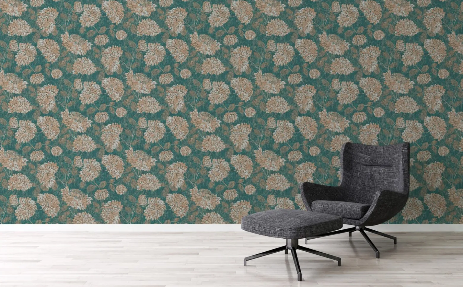 Vliestapete Floral Blumen Petrol Bronze Metallic 39025-4