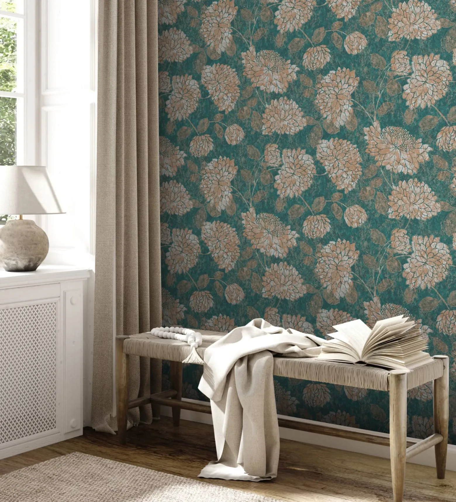 Vliestapete Floral Blumen Petrol Bronze Metallic 39025-4