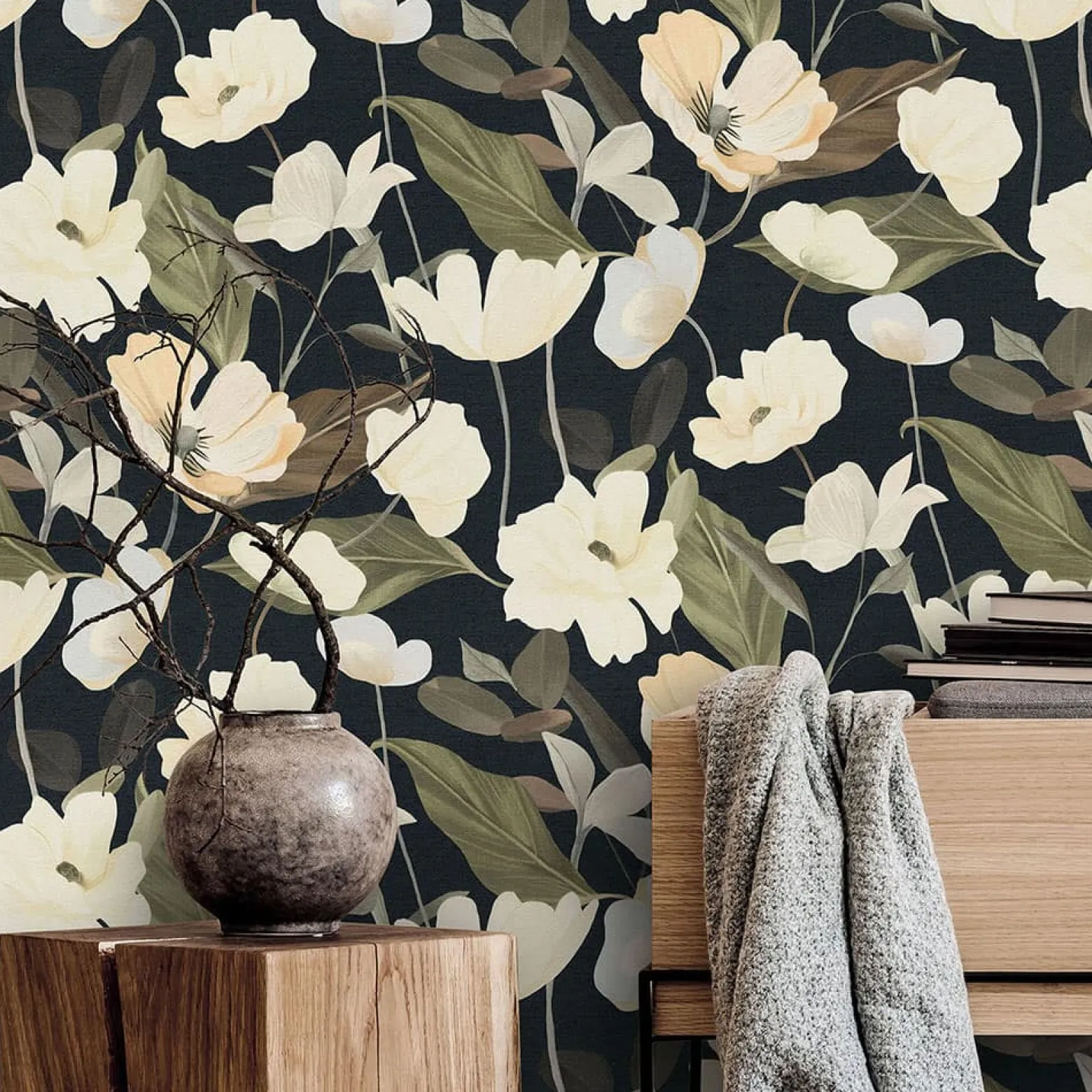 Vliestapete Floral Blumen Schwarz Creme Grün 10508-15