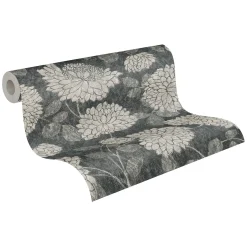 Vliestapete Floral Blumen Schwarz Creme Metallic 39025-3