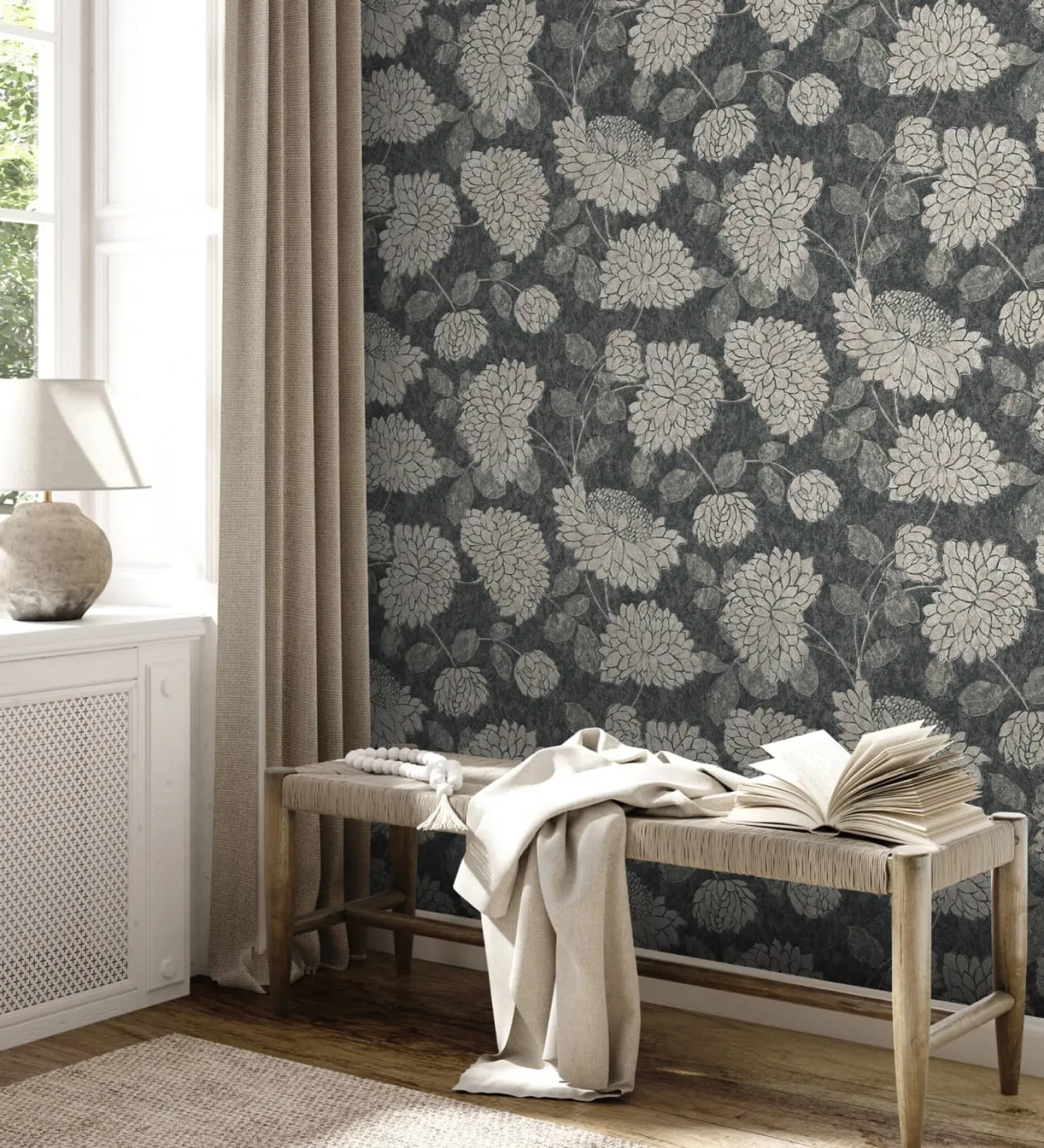 Vliestapete Floral Blumen Schwarz Creme Metallic 39025-3