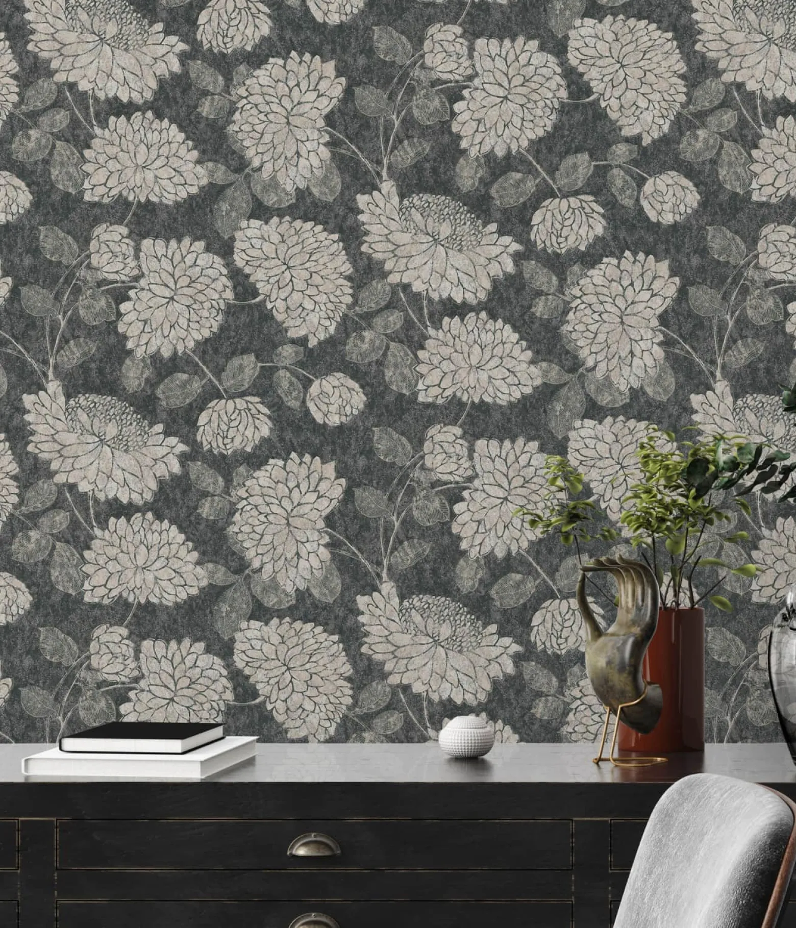 Vliestapete Floral Blumen Schwarz Creme Metallic 39025-3