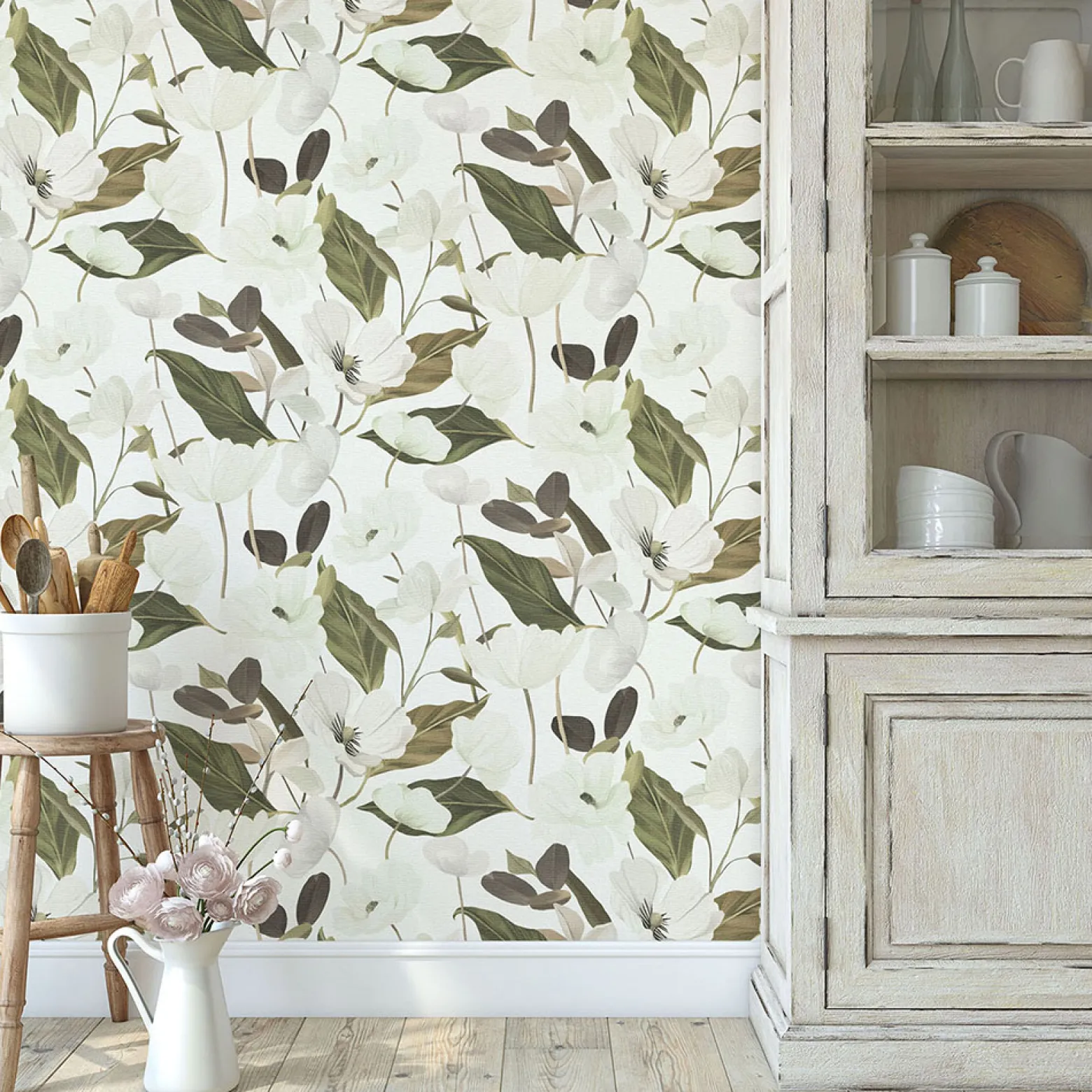 Vliestapete Floral Blumen Weiß Creme Grün 10508-26