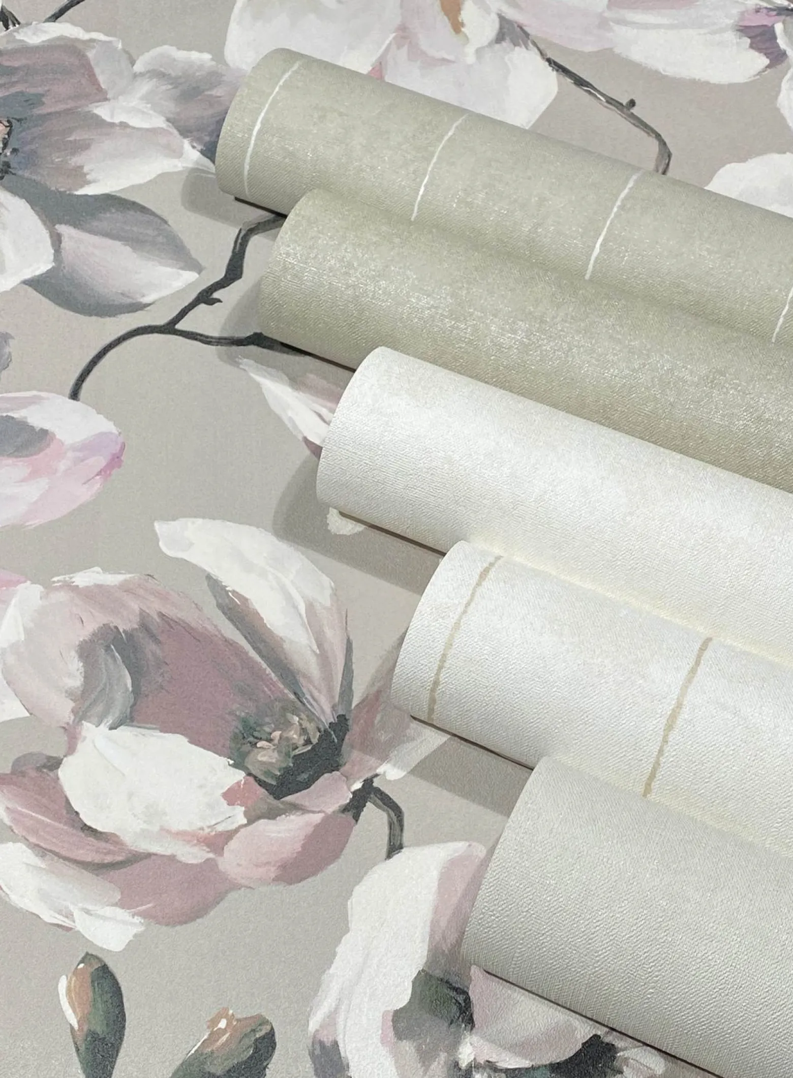 Vliestapete Floral Blumen Zweige Grau Weiß 47466
