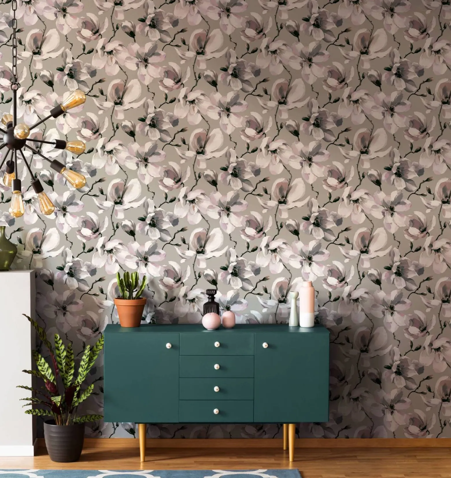 Vliestapete Floral Blumen Zweige Grau Weiß 47466
