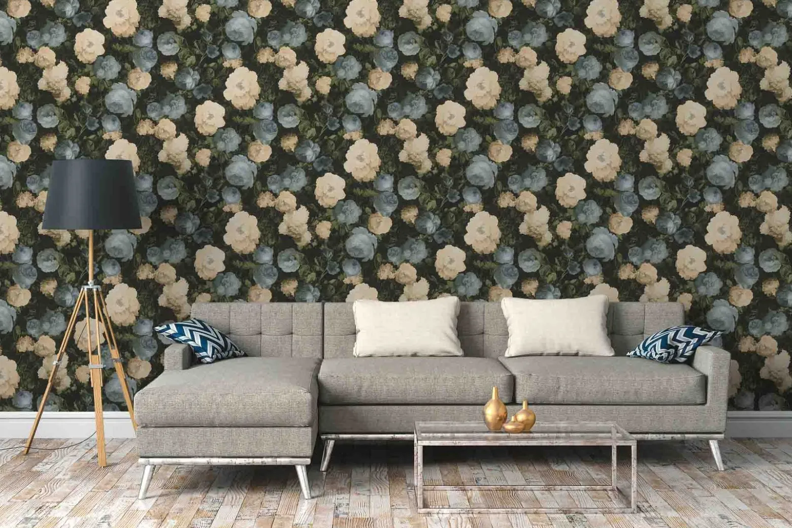 Vliestapete florale Blumen schwarz grün blau 37650-2