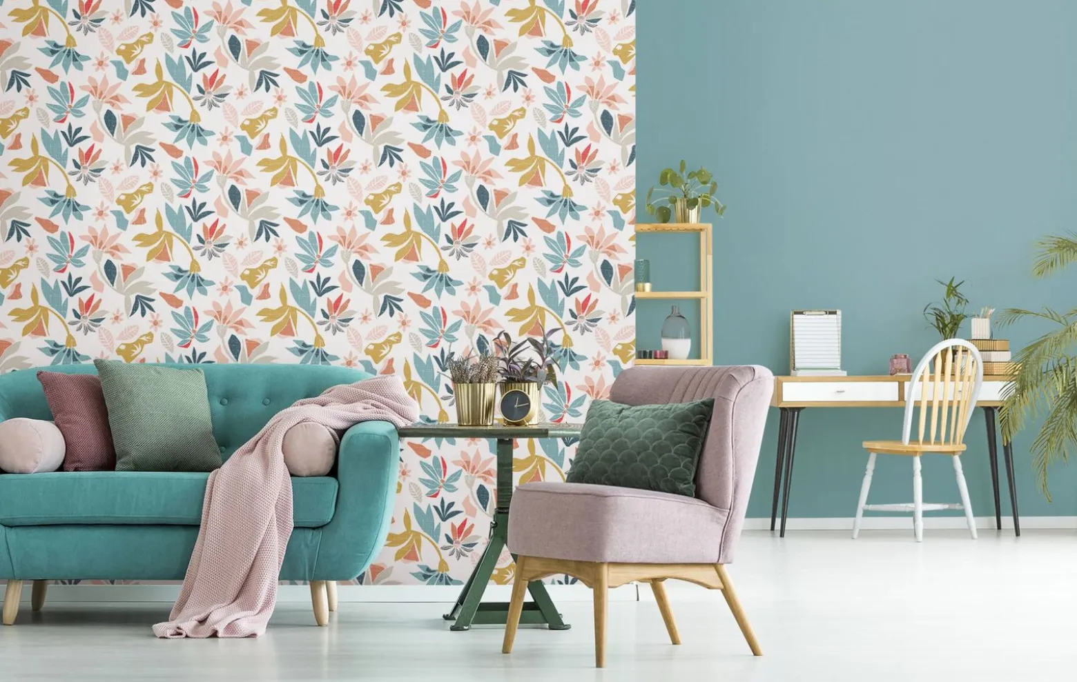 Vliestapete Floral Grafisch Weiß Blau Rot Gelb 47467