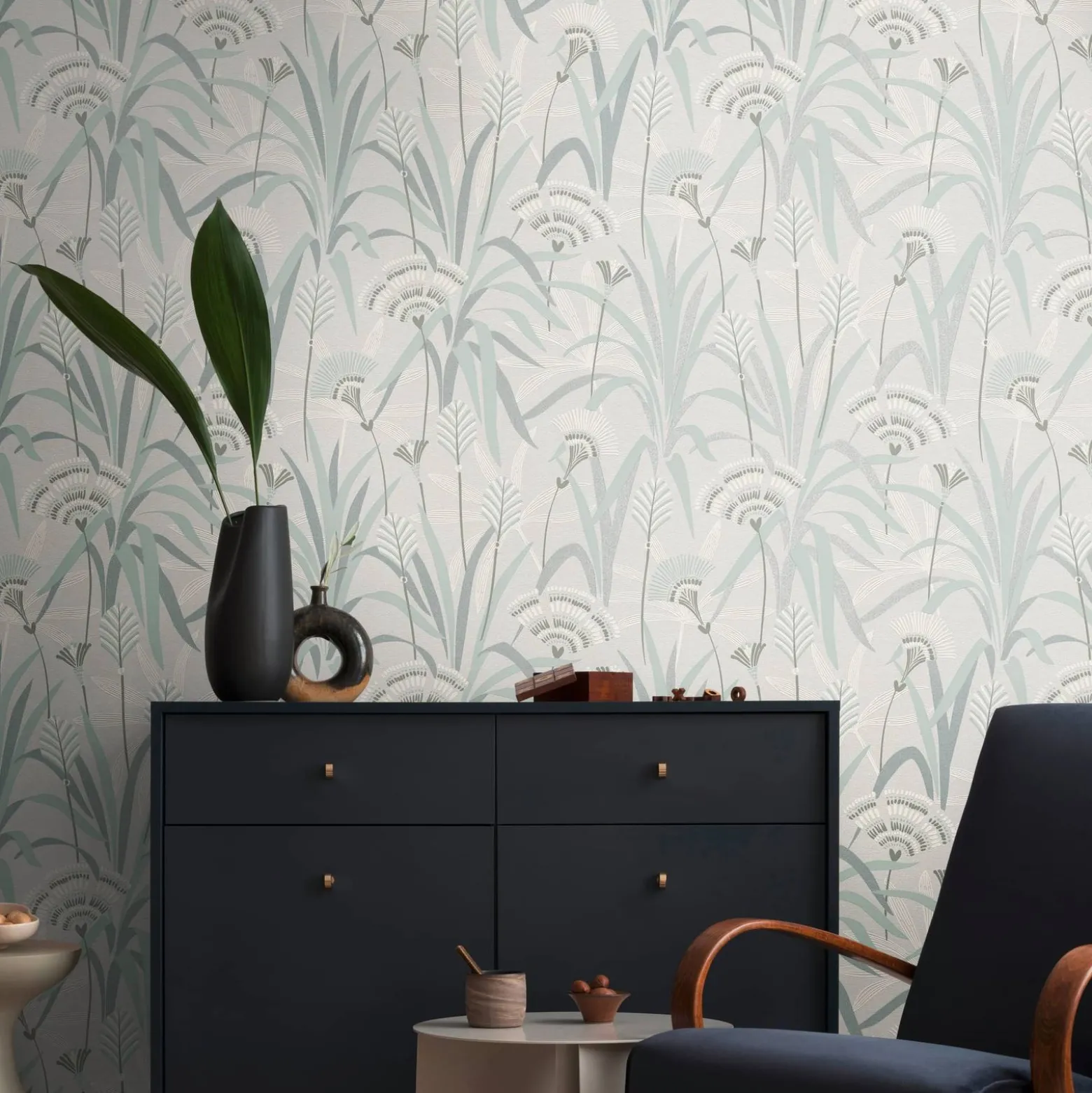 Vliestapete Floral Grau Creme Blau Metallic 39936-3