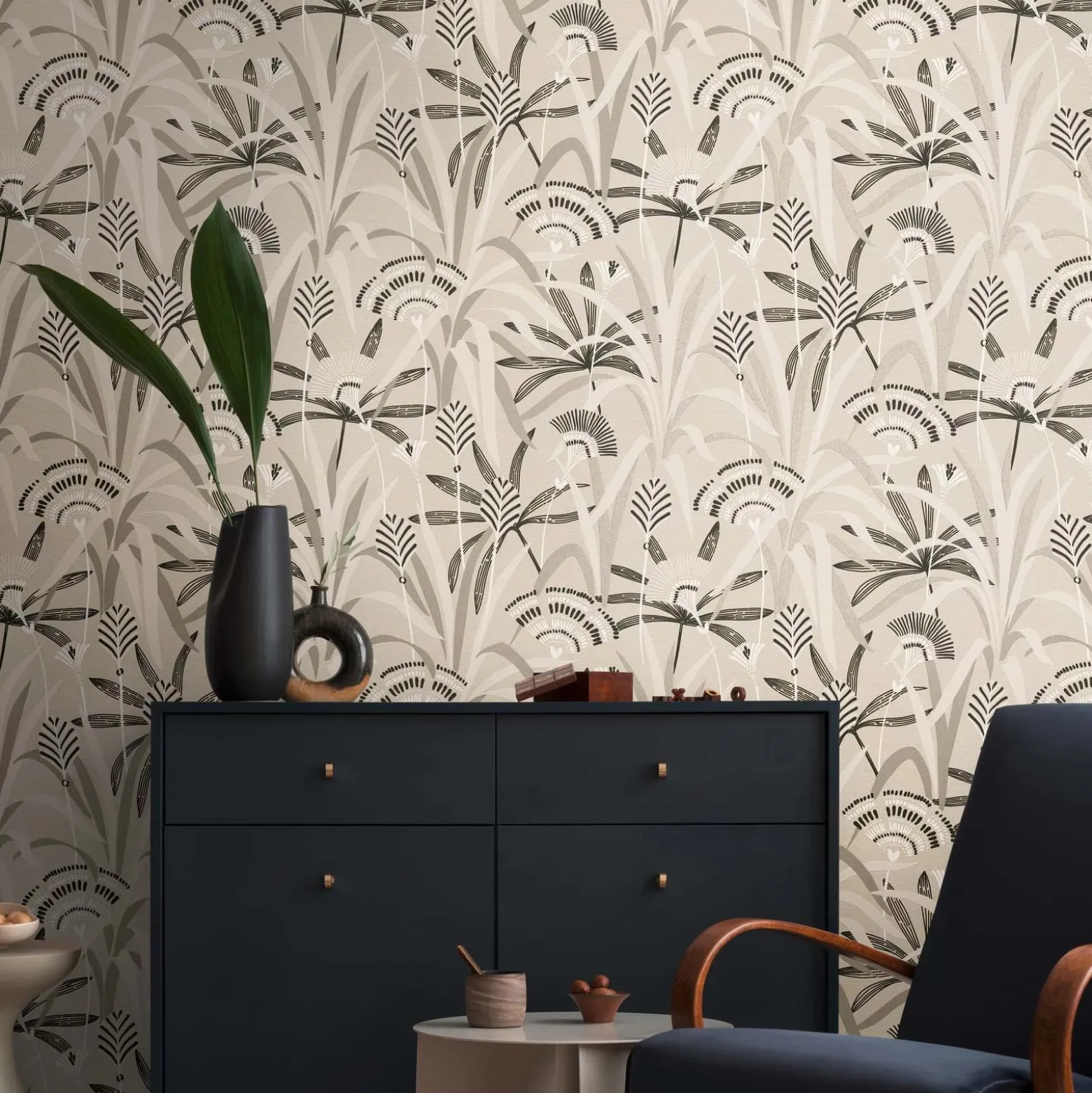 Vliestapete Floral Grau Schwarz Silber Metallic 39936-1