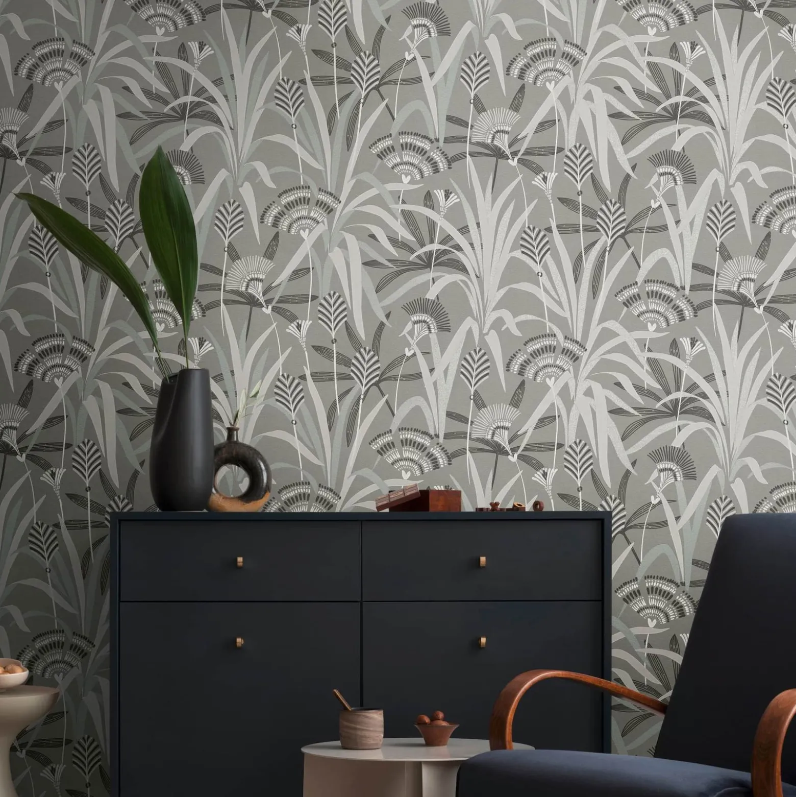 Vliestapete Floral Grau Schwarz Blau Metallic 39936-2