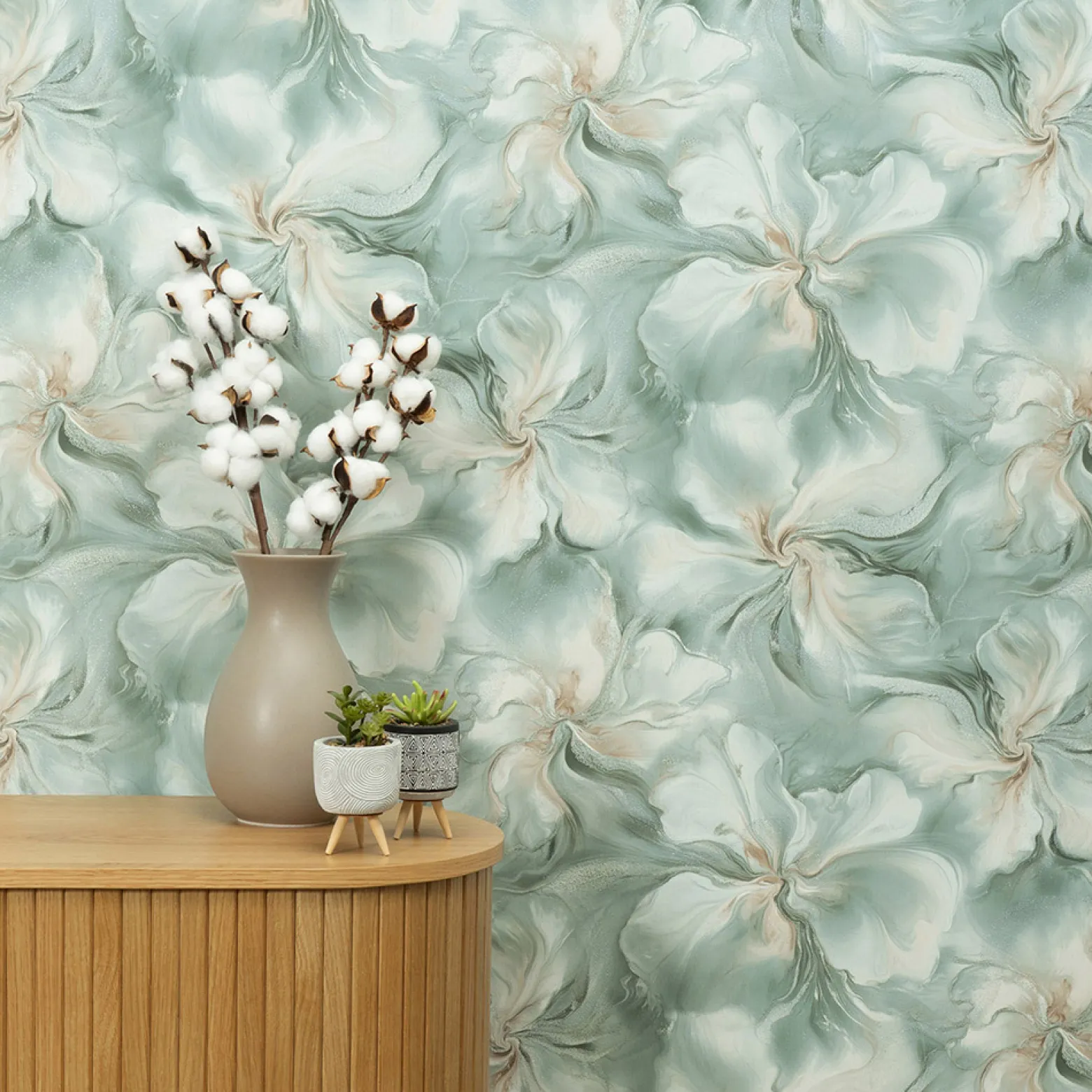 Vliestapete Floral Grün Beige Silber Glitzer 10514-18