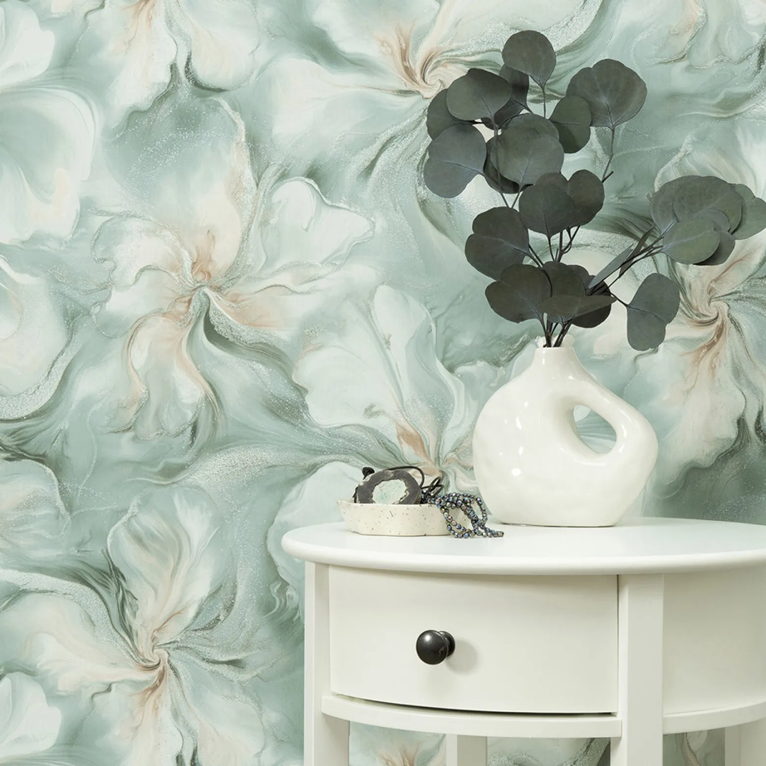 Vliestapete Floral Grün Beige Silber Glitzer 10514-18