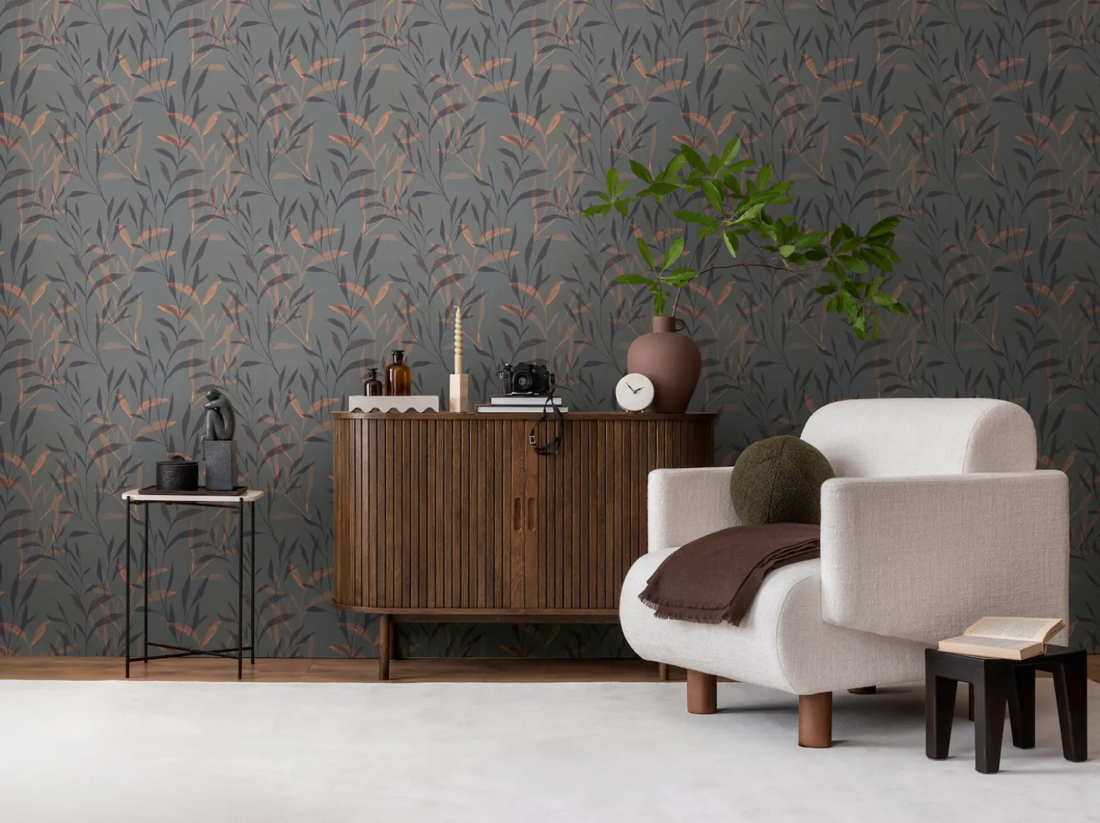 Vliestapete Floral Gräser Blätter Grau Braun 78222-2