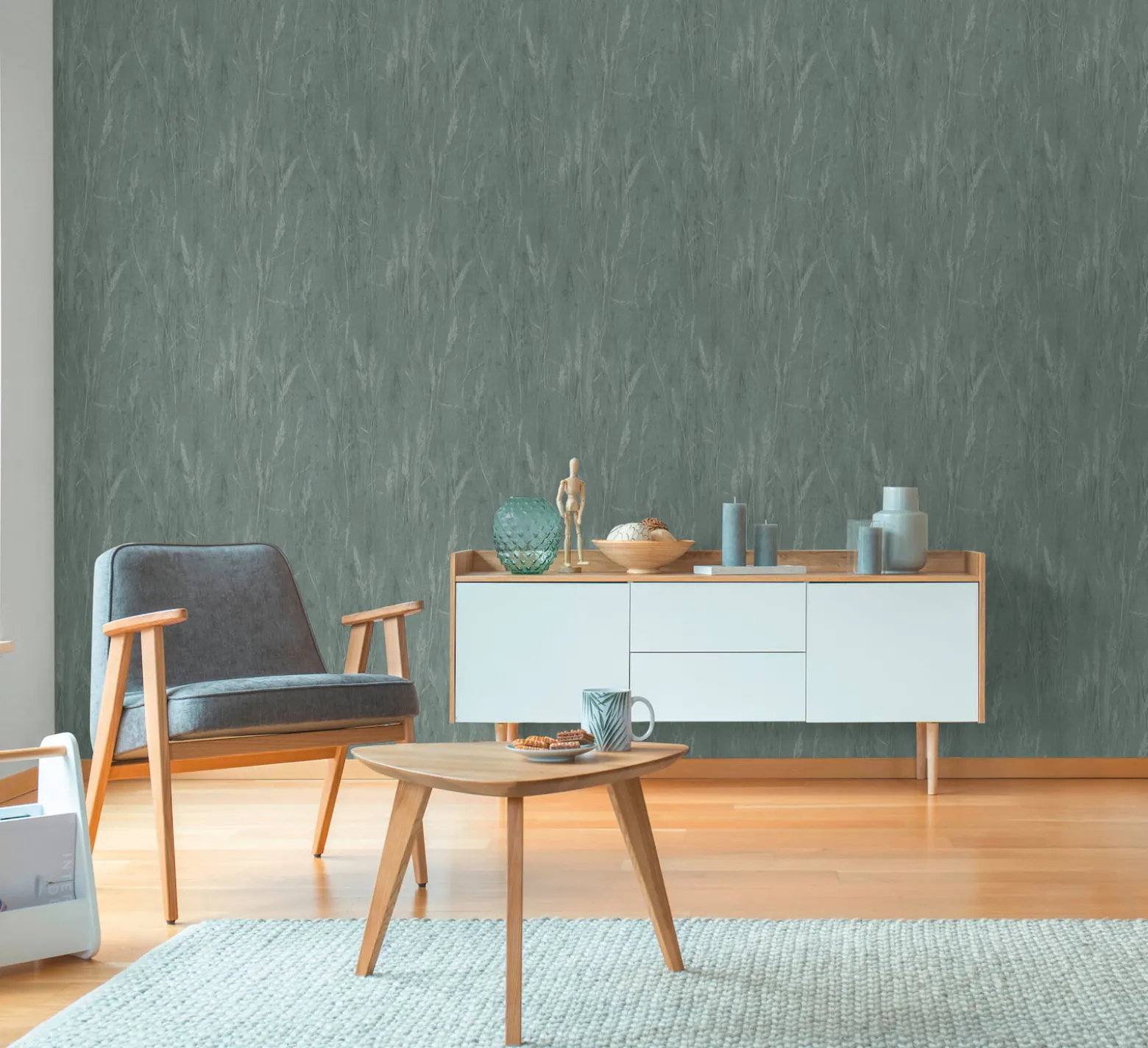 Vliestapete Floral Gräser Grün Blau Silber Metallic 79094-1