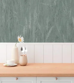 Vliestapete Floral Gräser Grün Blau Silber Metallic 79094-1