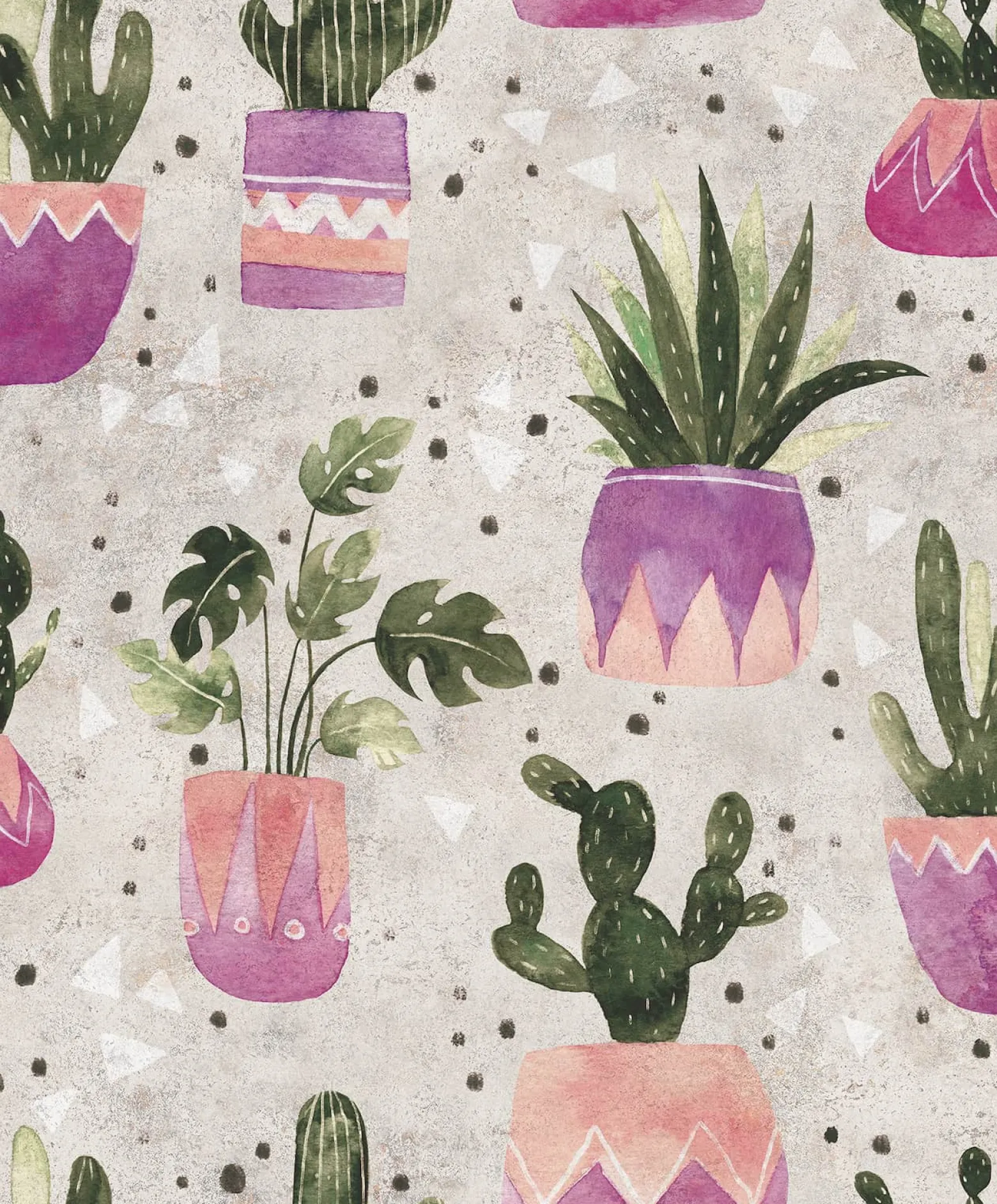 Vliestapete Floral Kaktus Aquarell Grau Grün Lila 81653