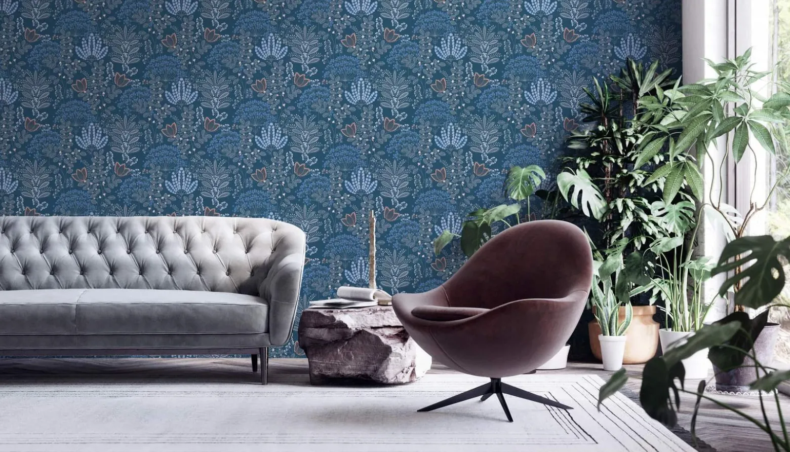 Vliestapete Floral Leinenoptik Blau Grau 39349-4