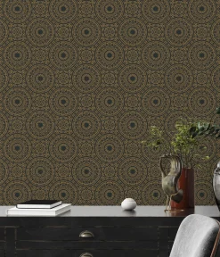Vliestapete Floral Mandala Schwarz Gold Metallic 38968-2